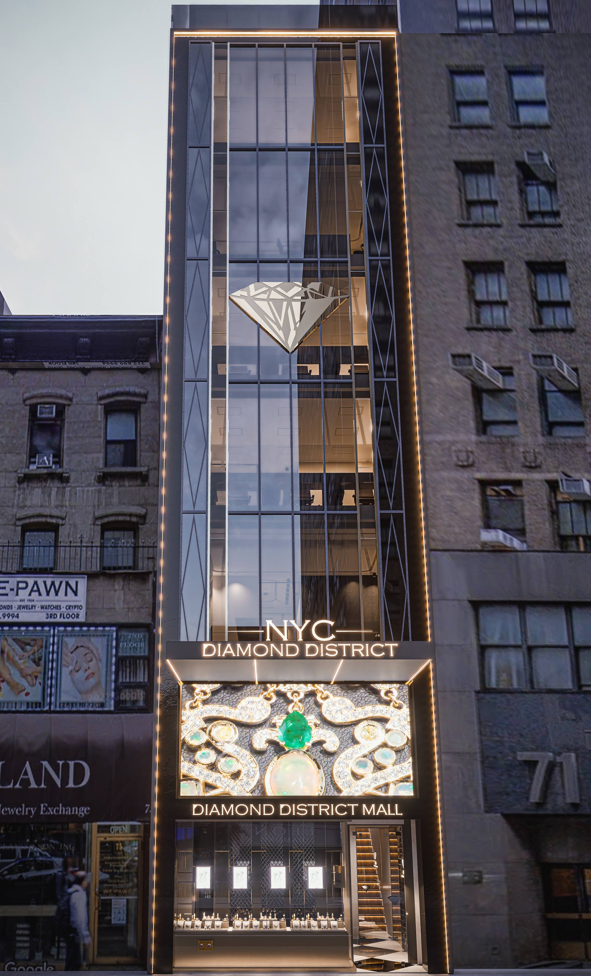 Diamond District Mall facade: a glass tower with a diamond emblem above a gold-lit storefront