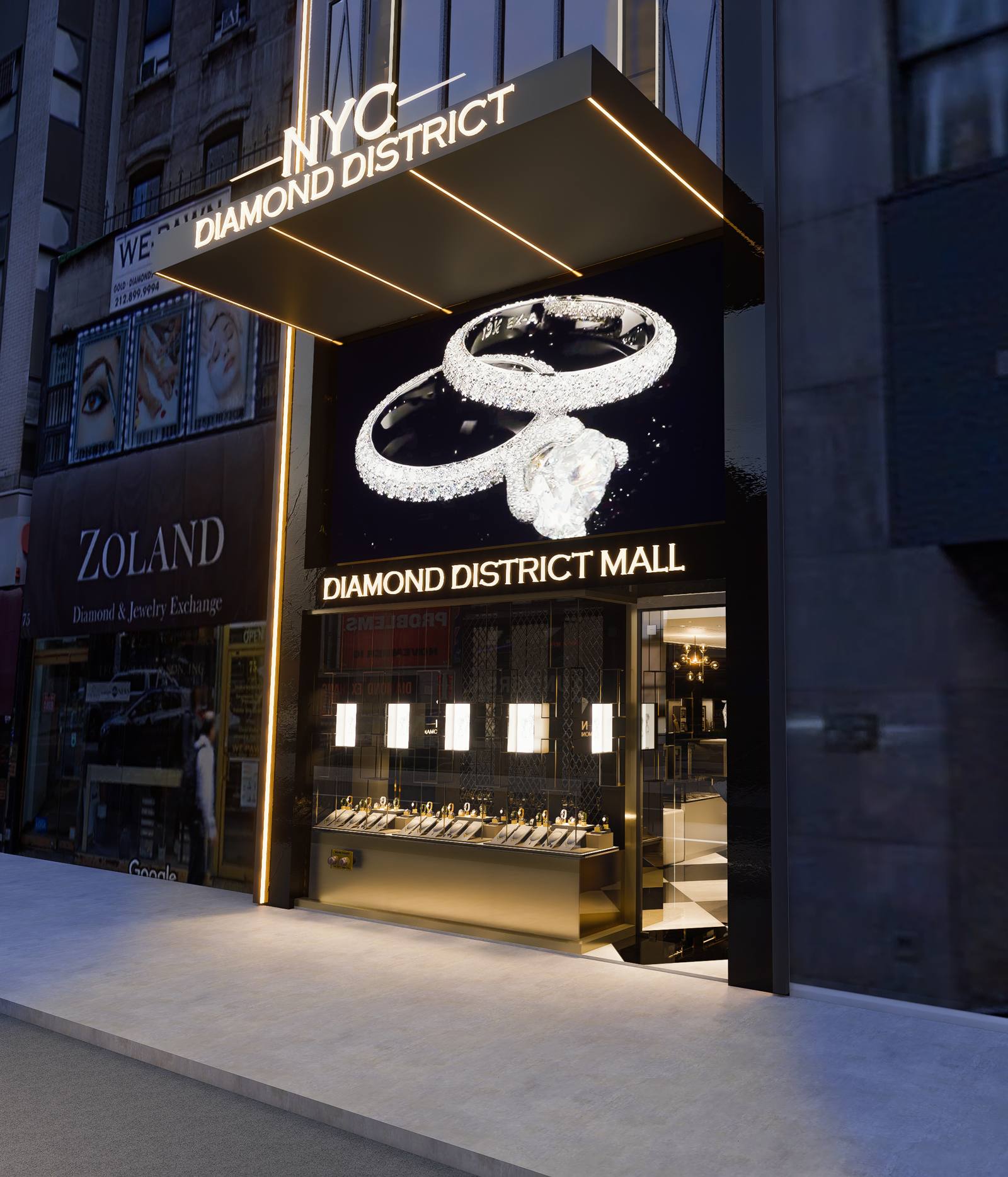 Storefront canopy with a diamond ring display and Diamond District Mall signage