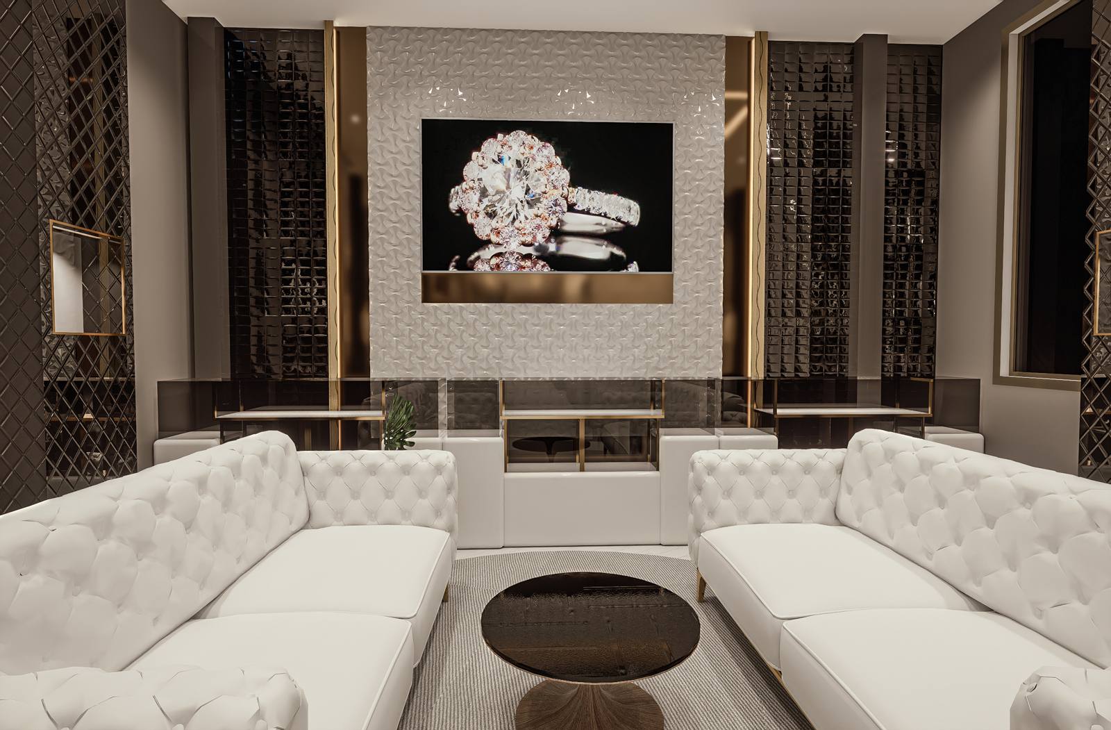VIP jewelry lounge with white tufted sofas