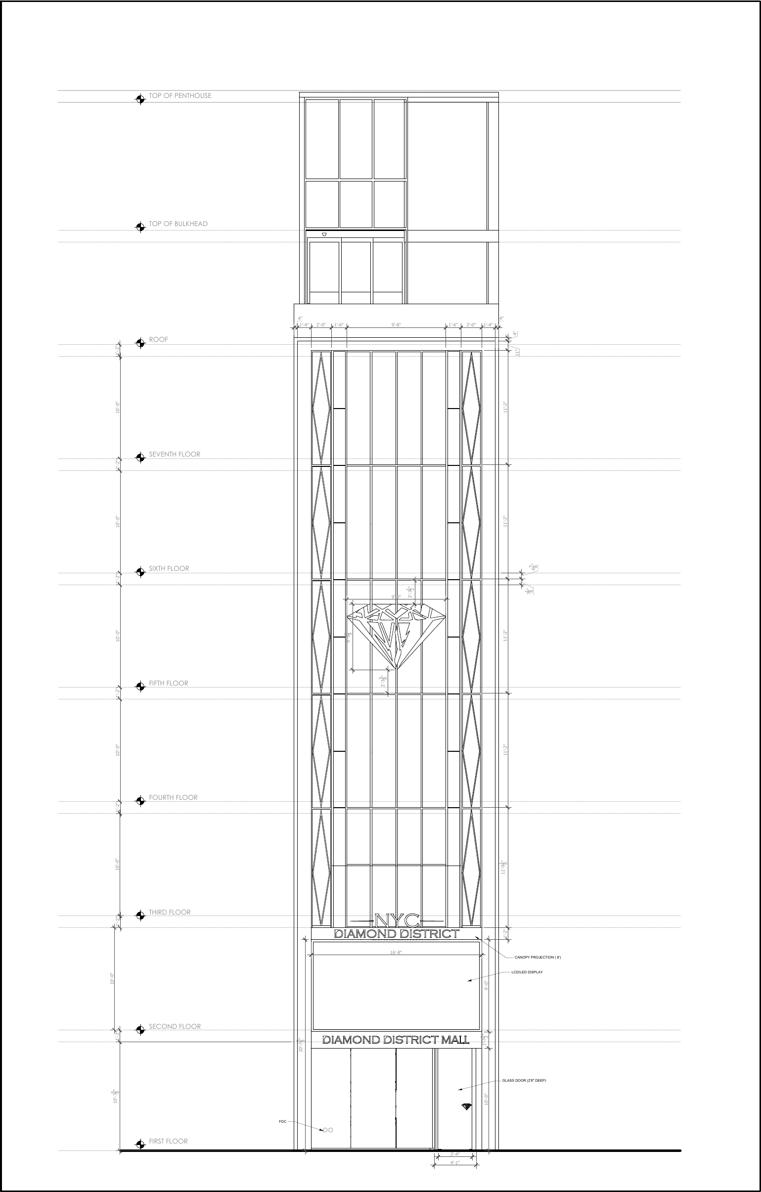 Front elevation drawing, second floor to top of penthouse